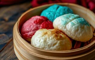 AI generated chinese bao buns are sitting on a wooden basket photo