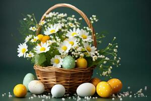 AI generated easter basket with many colorful easter eggs with decorations photo