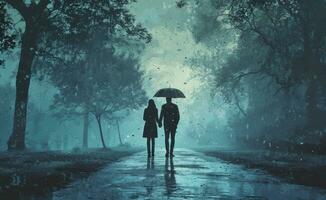 AI generated couple walking hand in hand in rainy day with umbrella in rain photo