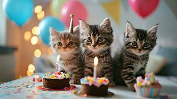 AI generated cute happy cats with a birthday cake celebrating at a birthday party photo