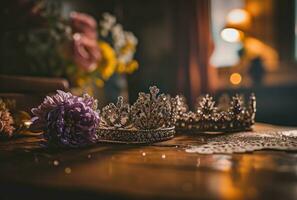 AI generated crowns with sparkles and glitters on a table photo