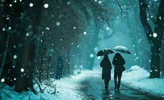 AI generated couple walking hand in hand in rainy day with umbrella in rain photo