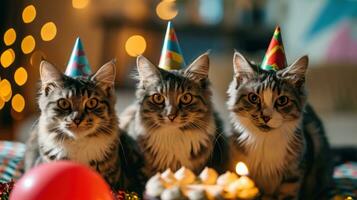 ai generado linda contento gatos con un cumpleaños pastel celebrando a un cumpleaños fiesta foto