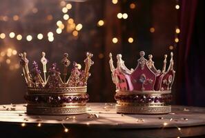 AI generated crowns with sparkles and glitters on a table photo