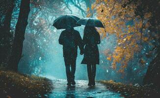 AI generated couple walking hand in hand in rainy day with umbrella in rain photo