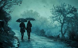 AI generated couple walking hand in hand in rainy day with umbrella in rain photo