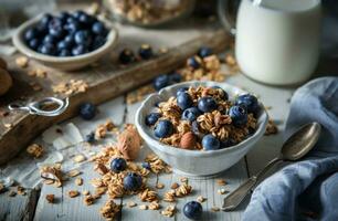 AI generated blueberries, granola and almond milk stand on a white wooden table photo