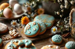 ai generado Pascua de Resurrección galletas son en un mesa con flores y algunos foto