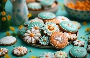 ai generado Pascua de Resurrección galletas son en un mesa con flores y algunos foto