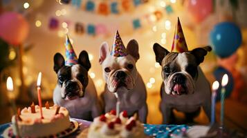 ai generado linda contento perrito perros con un cumpleaños pastel celebrando foto