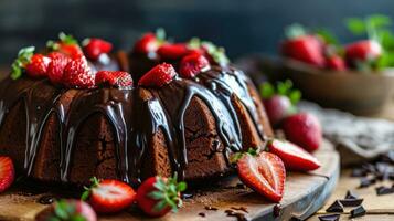 AI generated Dark Chocolate Bundt Cake with Ganache Icing and Strawberry photo