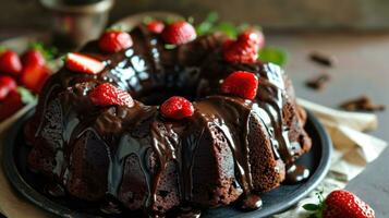 AI generated Dark Chocolate Bundt Cake with Ganache Icing and Strawberry photo