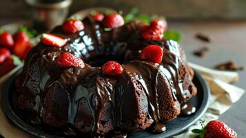 ai generado oscuro chocolate bundt pastel con ganache Formación de hielo y fresa foto