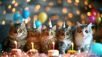 ai generado linda contento gatos con un cumpleaños pastel celebrando a un cumpleaños fiesta foto