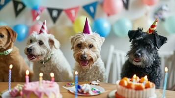 ai generado linda contento perrito perros con un cumpleaños pastel celebrando foto