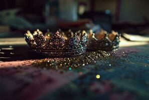 AI generated crowns with sparkles and glitters on a table photo