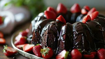 AI generated Dark Chocolate Bundt Cake with Ganache Icing and Strawberry photo