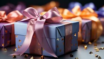 AI generated Celebration of love gift box wrapped in shiny, gold paper generated by AI photo