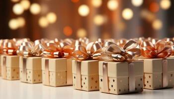 AI generated A stack of shiny gift boxes, wrapped in gold paper generated by AI photo