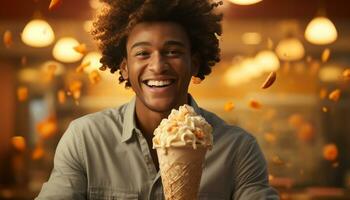 AI generated African men enjoying ice cream, smiling and looking at camera generated by AI photo