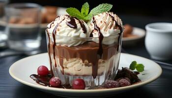 AI generated Homemade chocolate mousse with fresh berries, whipped cream, and mint generated by AI photo