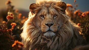 ai generado majestuoso león en África, curioso a atardecer, ocultación en césped generado por ai foto