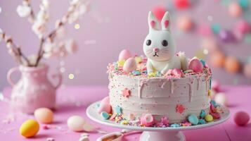 AI generated Easter bunny celebration cake on a pink background photo