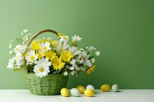 AI generated easter basket with many colorful easter eggs with decorations photo