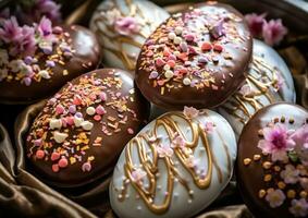 ai generado Pascua de Resurrección huevo conformado chocolate panes con asperja foto