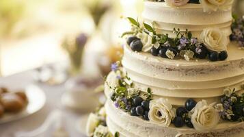 AI generated White wedding cake with flowers and blueberries photo