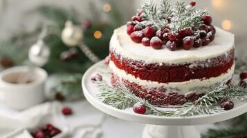 AI generated festive Red Velvet cake on white cake stand photo