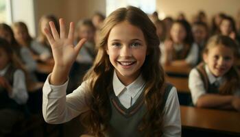 ai generado sonriente colegio niños estudiando, aprendiendo, y respondiendo con confianza generado por ai foto