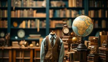 AI generated Businessman standing in a library, surrounded by books and shelves generated by AI photo