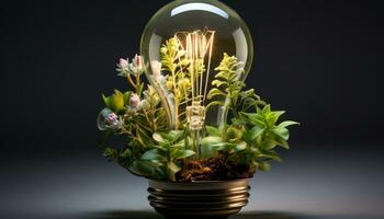 AI generated Bright ideas grow with green energy, illuminating nature innovation generated by AI photo