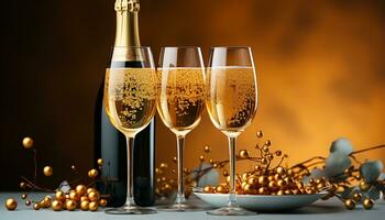 AI generated Luxury celebration champagne, wine, glass, gold, elegance, success, party generated by AI photo