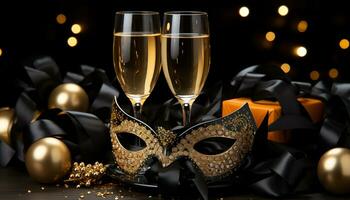 ai generado dorado champán burbujas brillar en un oscuro, festivo celebracion generado por ai foto