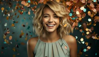 AI generated Smiling woman, young adult, blond hair, cheerful beauty, looking at camera generated by AI photo