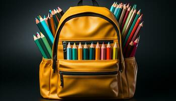 AI generated Back to school colorful pencils, paper, and backpack on desk generated by AI photo