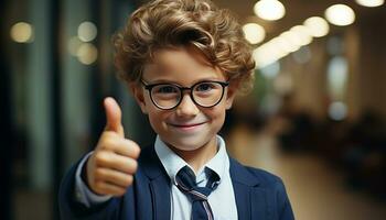 AI generated A cute, smiling boy in glasses exudes confidence and success generated by AI photo