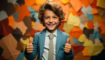 AI generated Smiling schoolboy in suit, confident and successful, looking at camera generated by AI photo