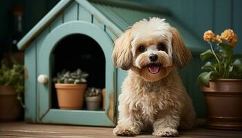 AI generated Cute puppy sitting, looking at camera, indoors, purebred terrier generated by AI photo