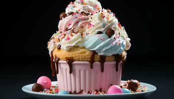 AI generated Homemade cupcake with colorful icing, chocolate, and strawberry decoration generated by AI photo