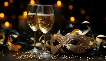 AI generated Luxury celebration champagne, wine, gold, glitter, elegance, bright, mask generated by AI photo