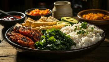 AI generated Grilled meat, fresh vegetables, and savory sauce on a plate generated by AI photo