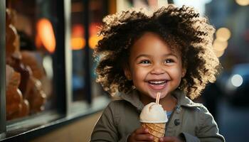 ai generado un linda africano niña sonriente, disfrutando hielo crema al aire libre generado por ai foto