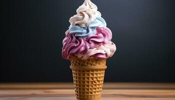 AI generated Homemade gourmet ice cream cone, a sweet summer indulgence generated by AI photo