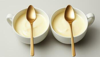 AI generated Fresh milk in a yellow bowl, a spoon for dessert generated by AI photo