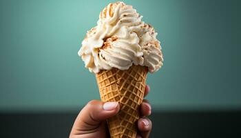 AI generated Child enjoying a sweet vanilla ice cream cone in summer generated by AI photo