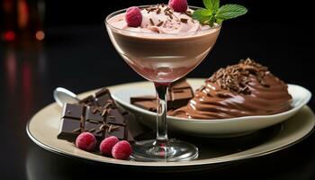 AI generated Gourmet dessert chocolate mousse with raspberry and whipped cream generated by AI photo