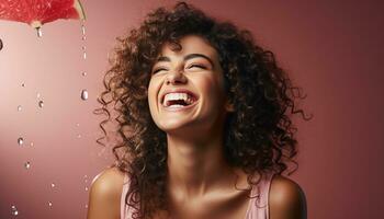 AI generated Young woman with curly hair smiling, enjoying the wet studio shot generated by AI photo